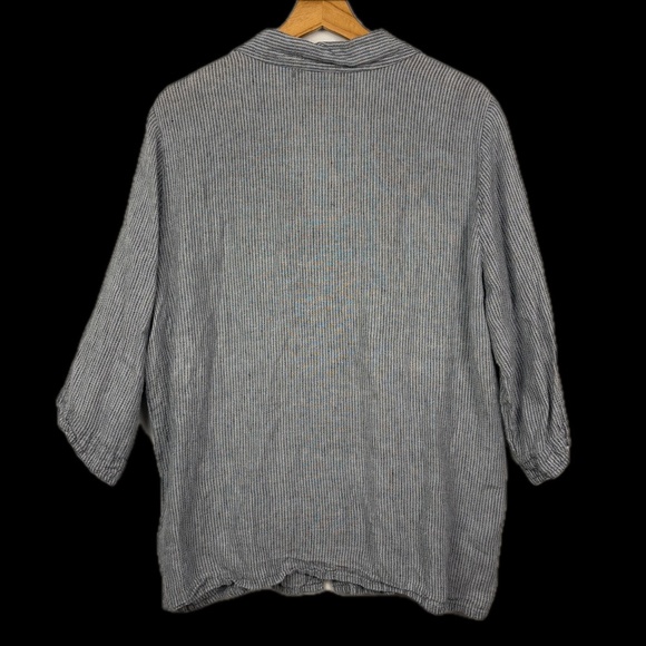 Flax Women V-Neck Collared ButtonDown Linen Top Sz L Blue Lagenlook Coast Beach - Picture 5 of 13